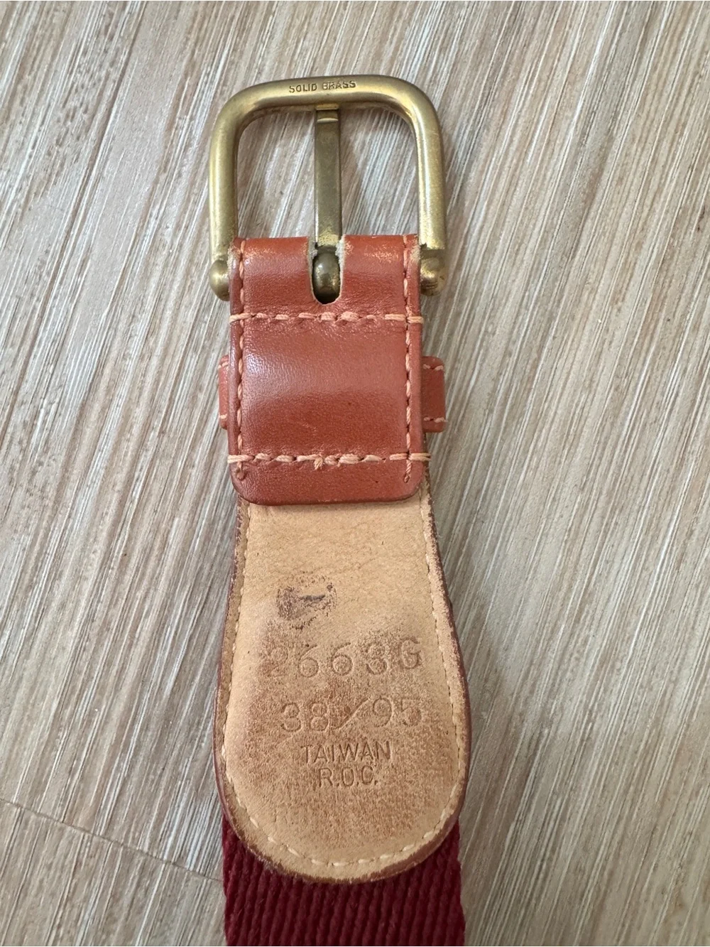 Striped Webbed Canvas Leather Belt Solid Brass Buckle Size 38 Preppy